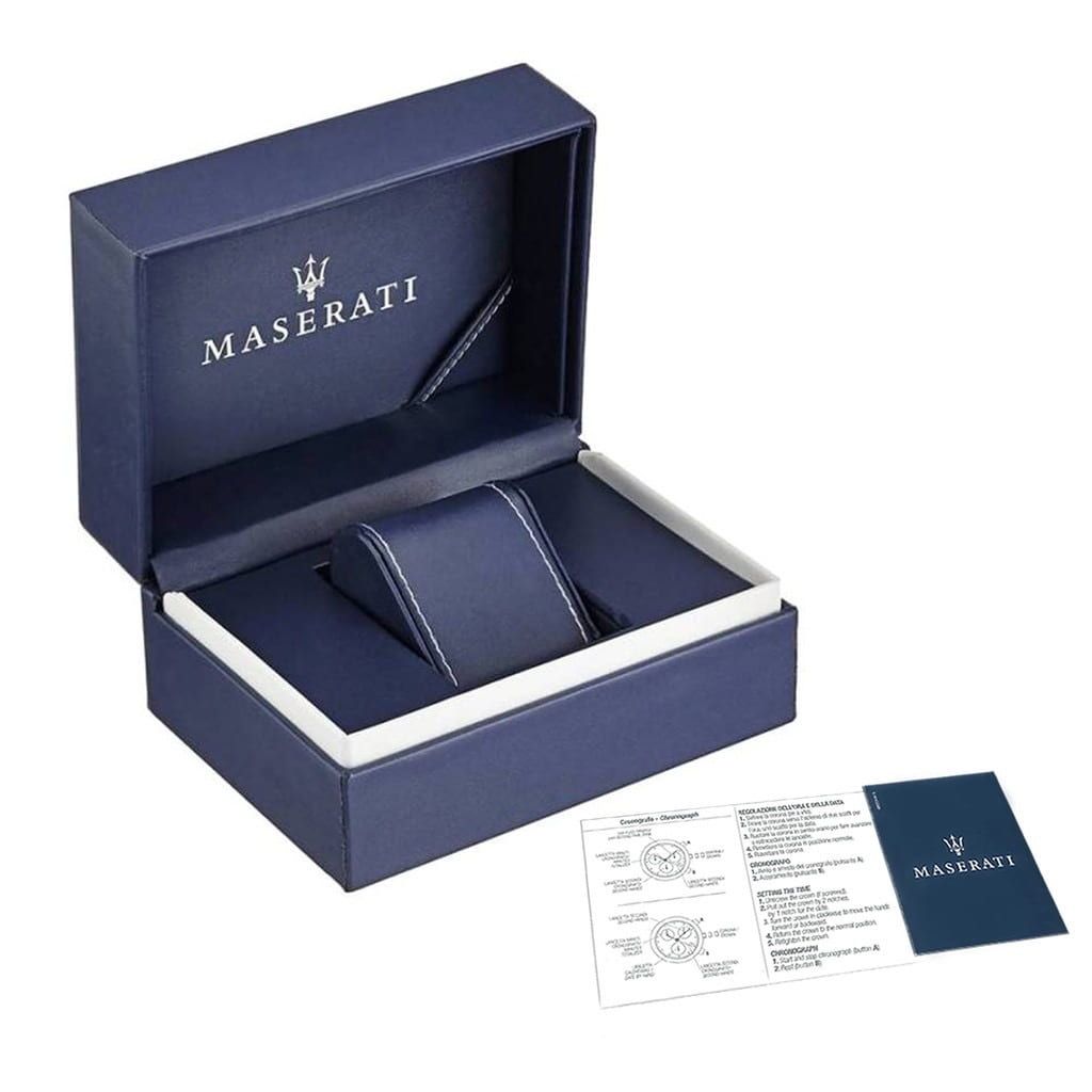 Maserati Trimarano chronograph watch packaging with branded box, strap, and documentation