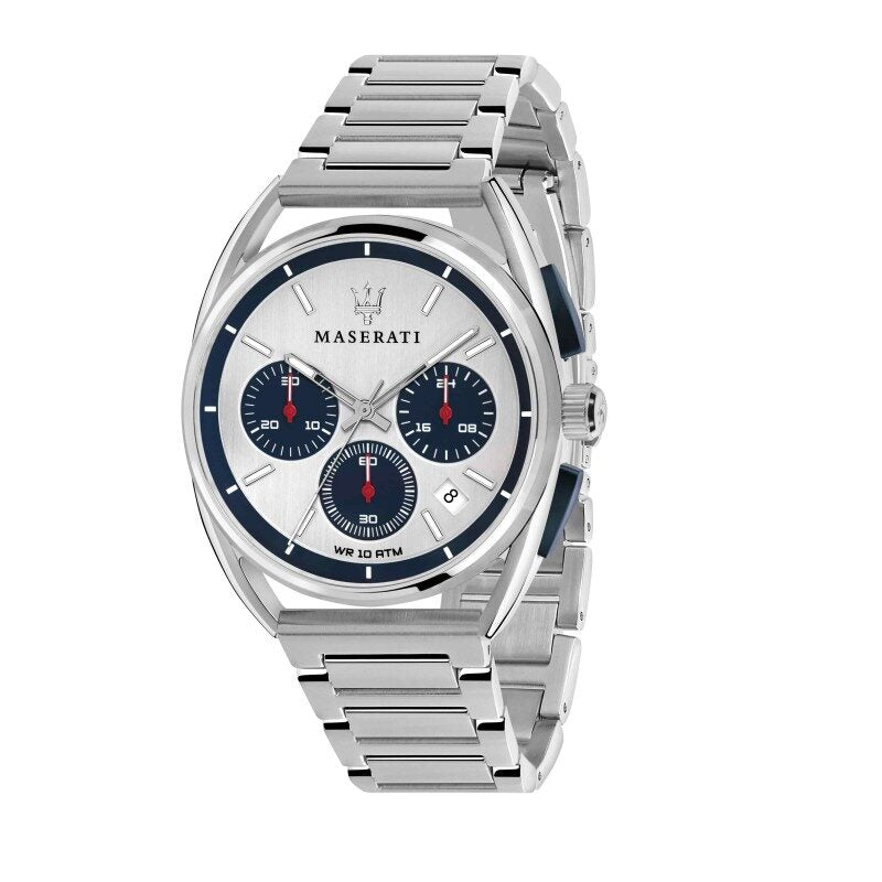 Maserati Trimarano chronograph men's watch with silver dial and blue subdials on stainless steel bracelet