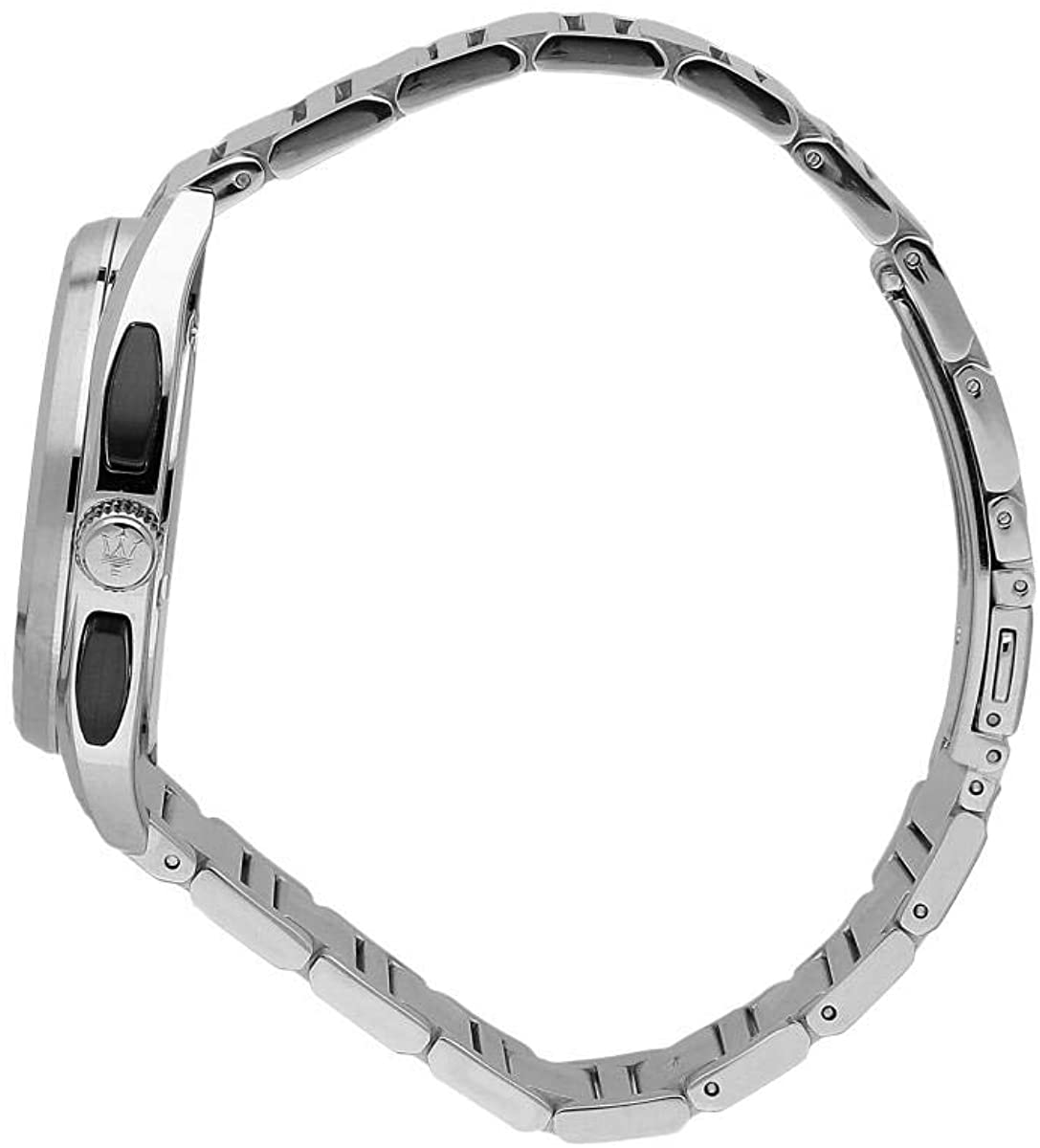 Angled view of Maserati Trimarano chronograph watch displaying the steel bracelet and case