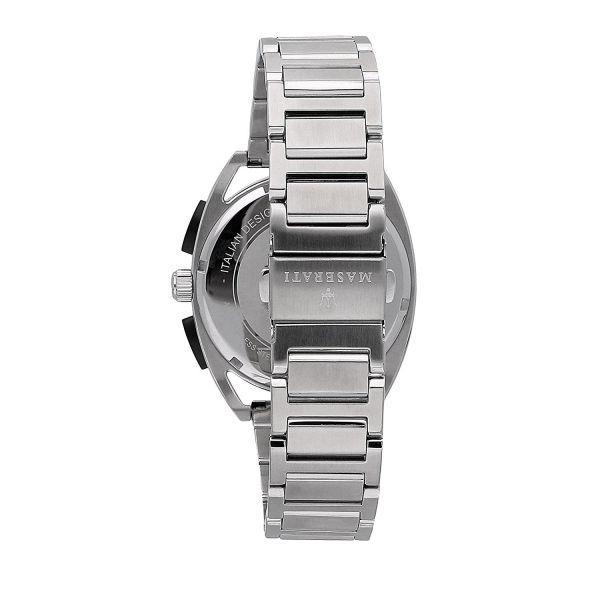 Side view of Maserati Trimarano chronograph showing stainless steel bracelet and case profile