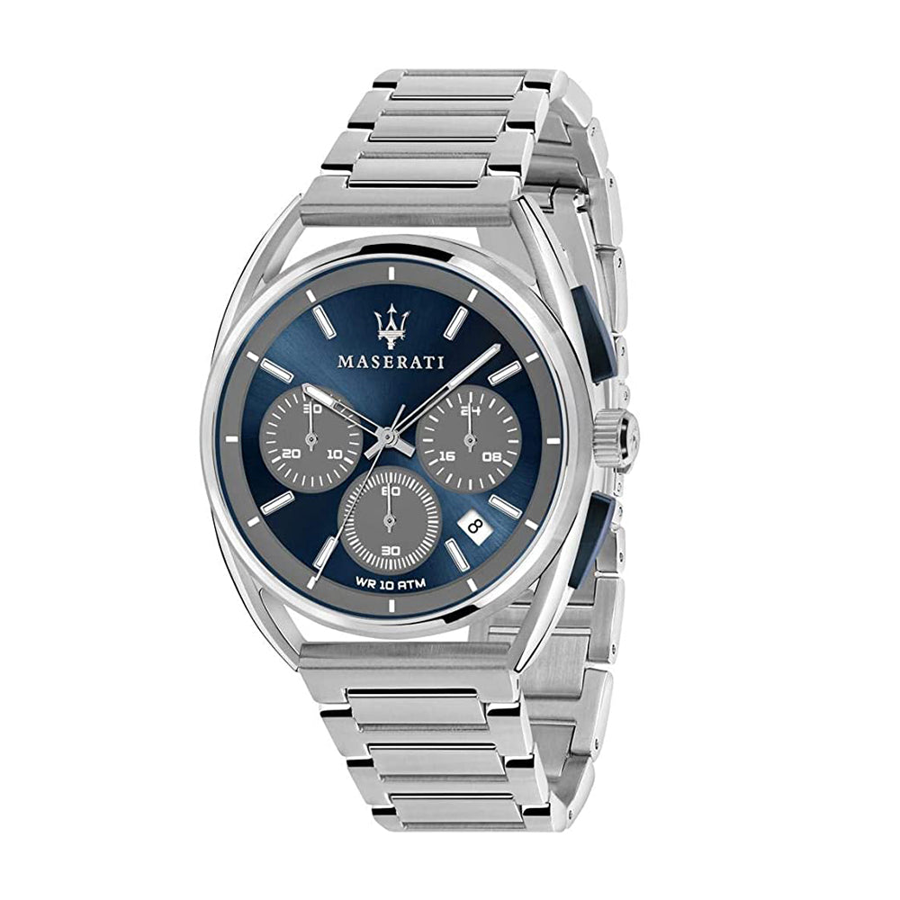 Maserati Trimarano men's watch with blue dial, silver steel case and bracelet, chronograph subdials