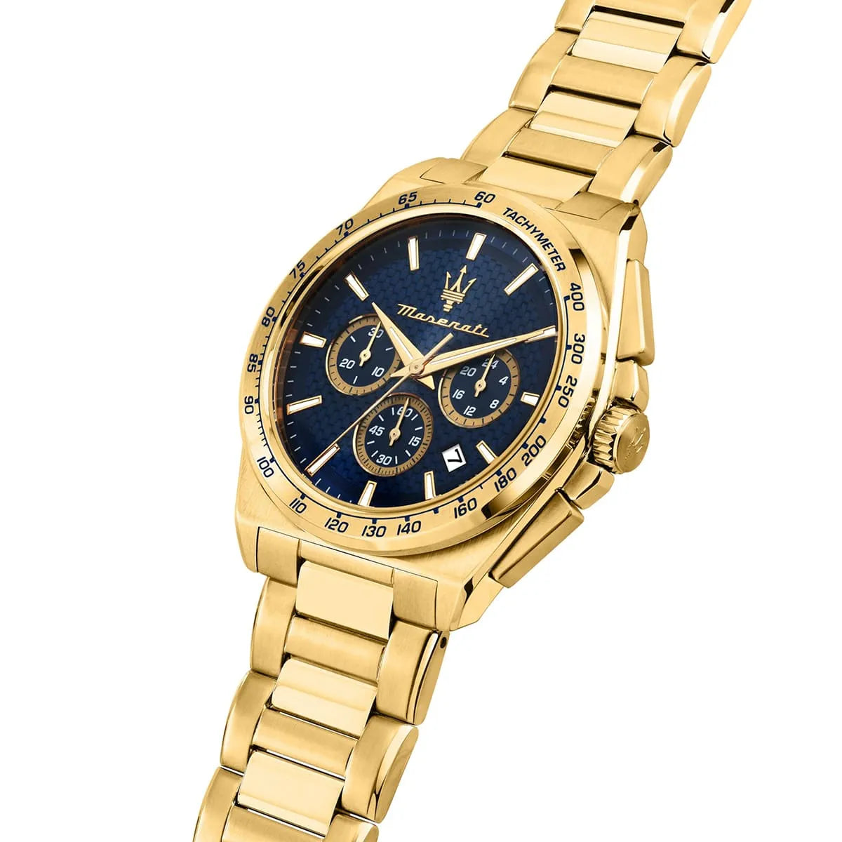 Maserati Velocità chronograph with blue dial, three subdials, and gold metal bracelet