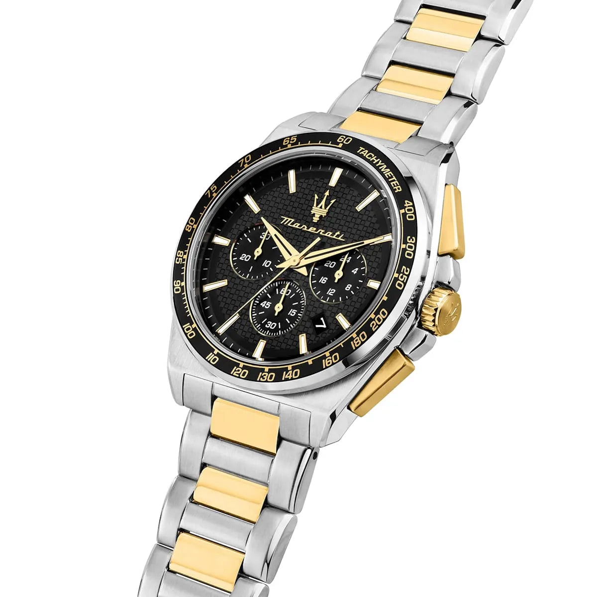 Maserati Velocità R8873652003 watch angled view showing two-tone stainless steel bracelet