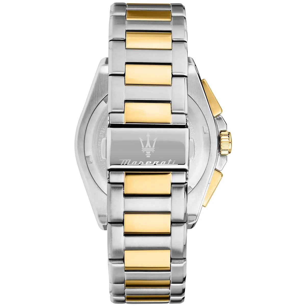 Maserati Velocità R8873652003 watch caseback showing two-tone stainless steel bracelet design