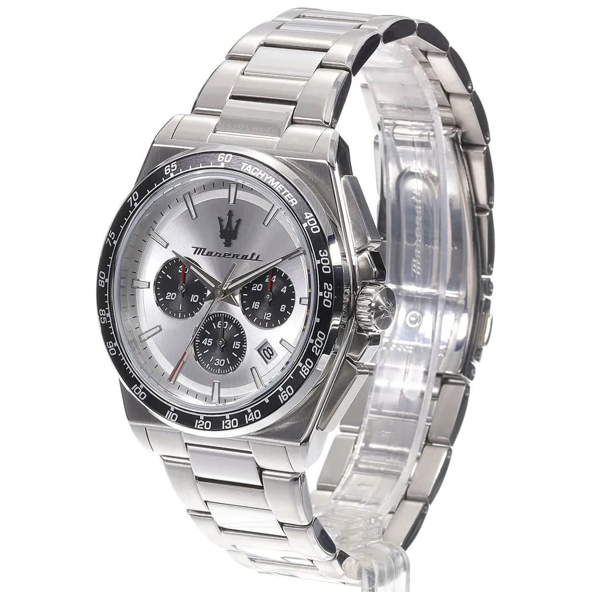 Maserati Velocità chronograph watch angled view showing silver case and stainless steel bracelet