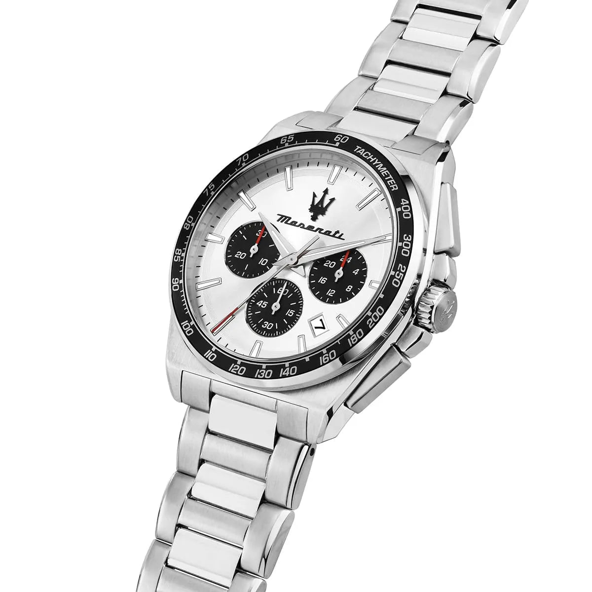 Maserati Velocità chronograph watch at angled view showing silver dial and stainless steel bracelet