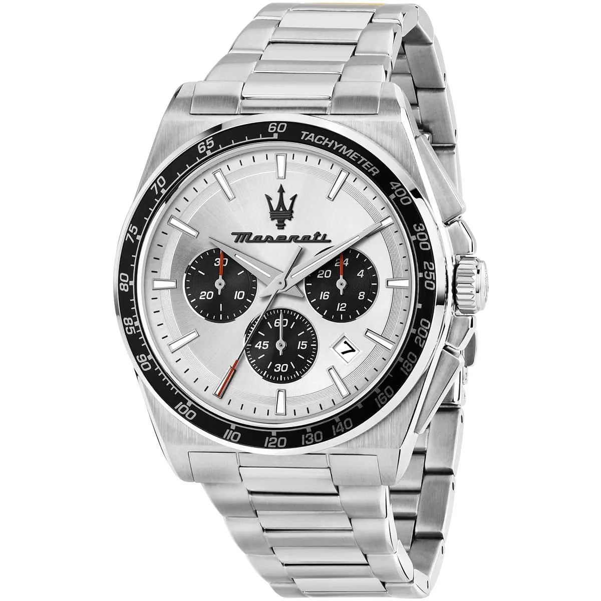 Maserati Velocità silver chronograph watch with black subdials and tachymeter bezel