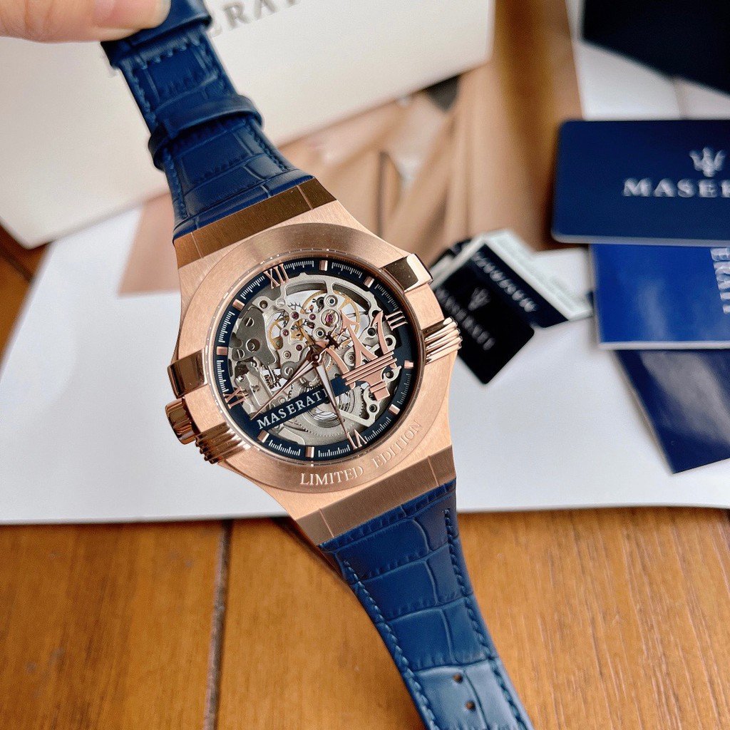 Maserati skeleton watch worn on wrist with visible transparent dial and mechanical movement