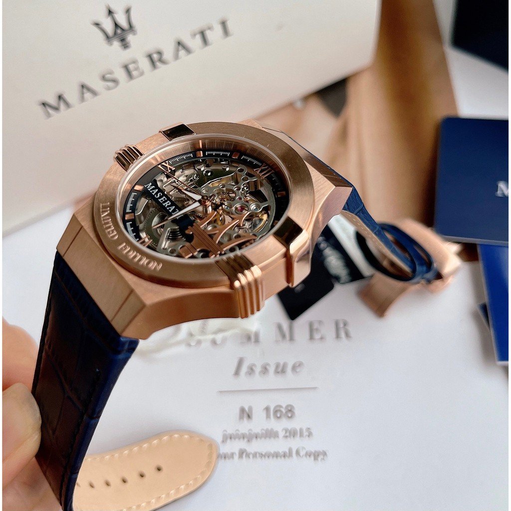 Close-up of Maserati skeleton watch dial showing automatic movement and mechanical components