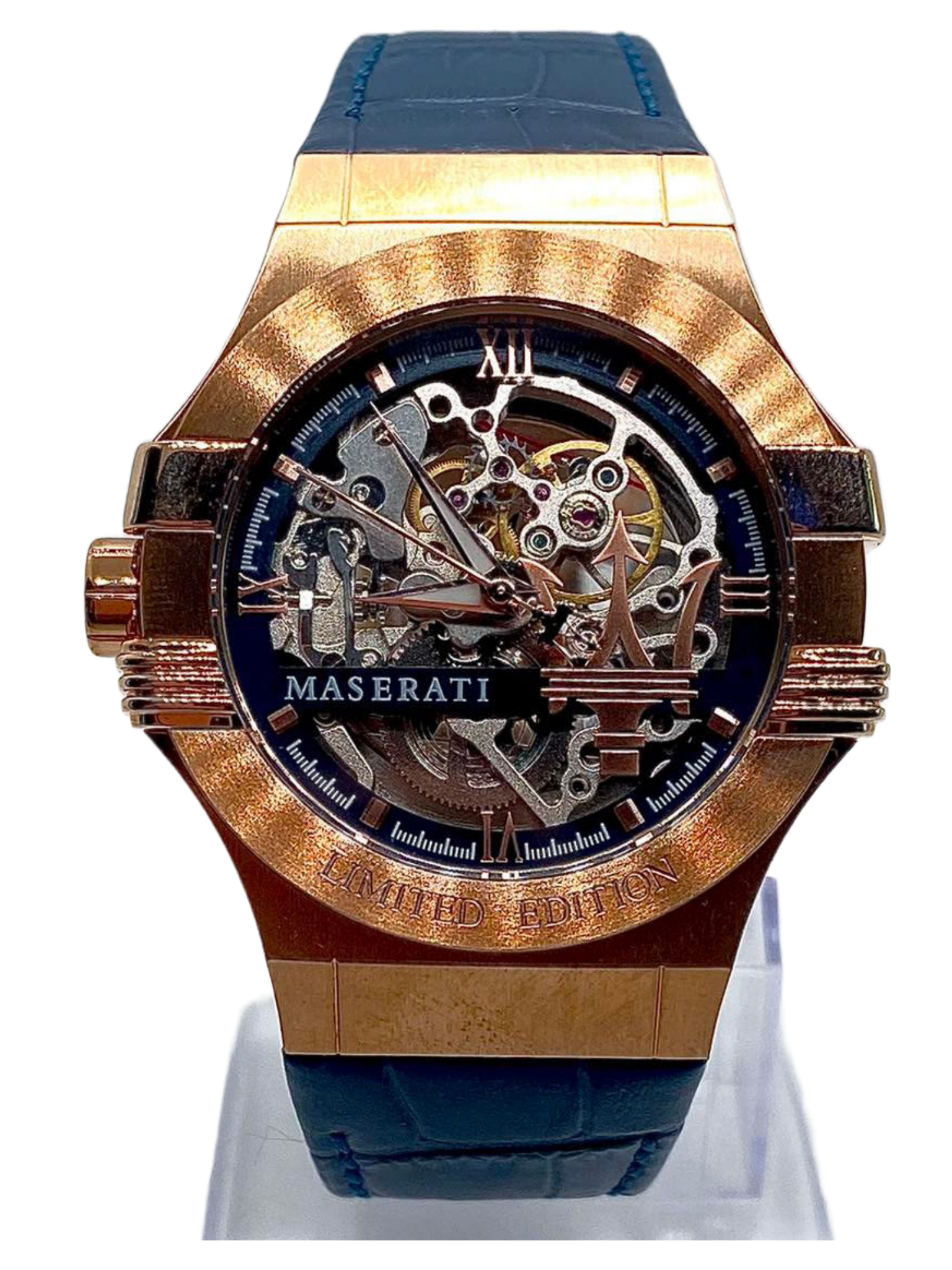 Maserati automatic skeleton watch with rose-gold case, navy leather strap, and visible movement