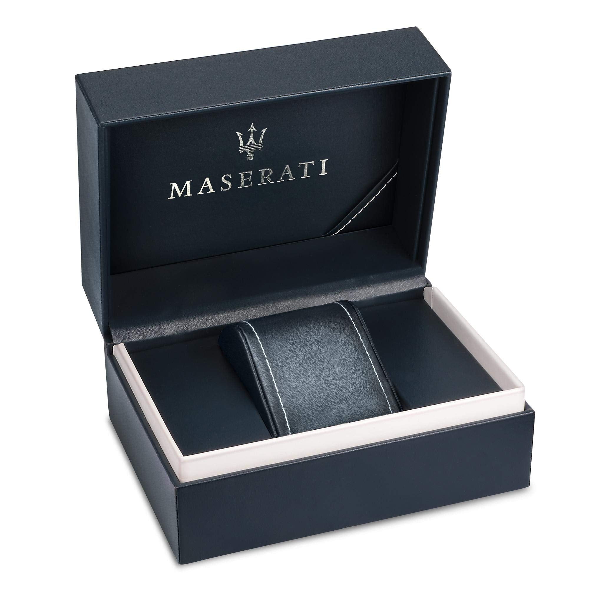 Maserati blue watch box open with cushioned watch holder inside