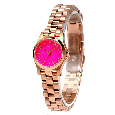 Marc by Marc Jacobs MBM3203 watch at angle showing pink dial and rose gold steel bracelet