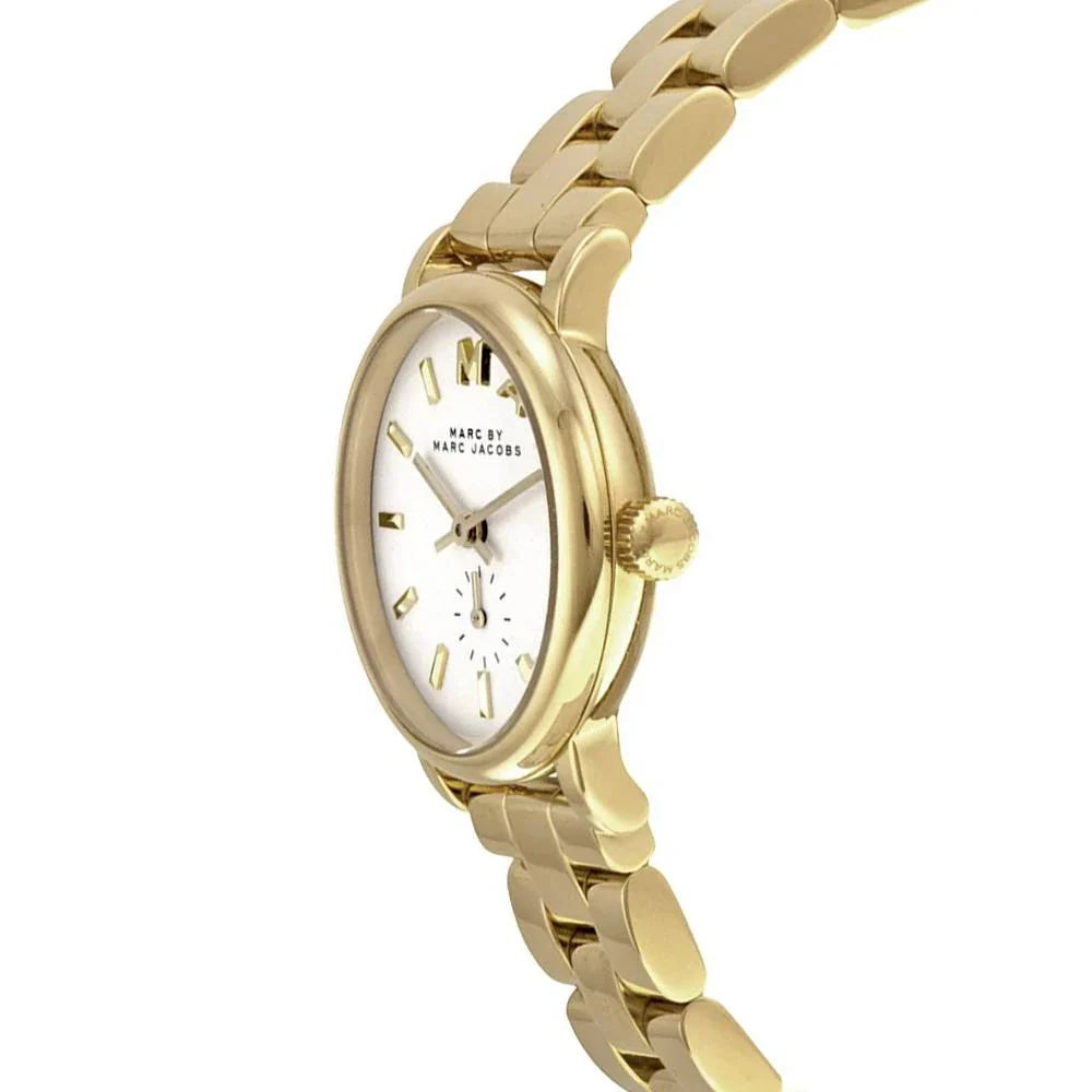 Three-quarter angle of MBM3247 ladies watch showing dial and side profile with gold-tone bracelet
