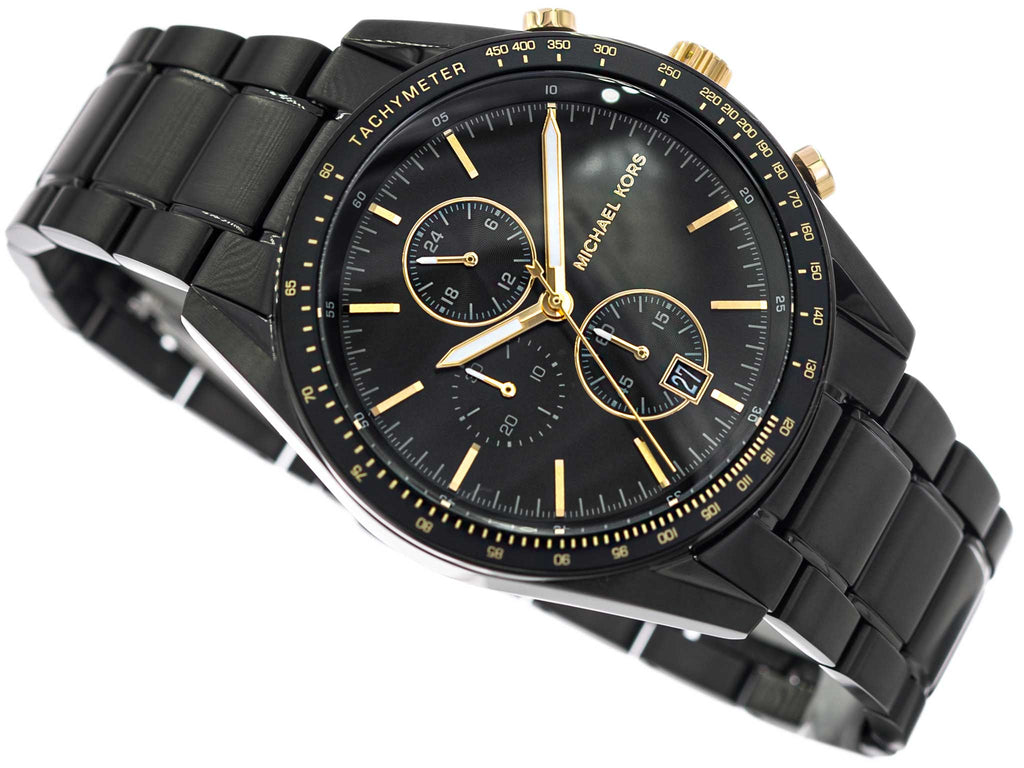 Michael Kors Accelerator MK9113 chronograph watch angled view showing dial and bracelet