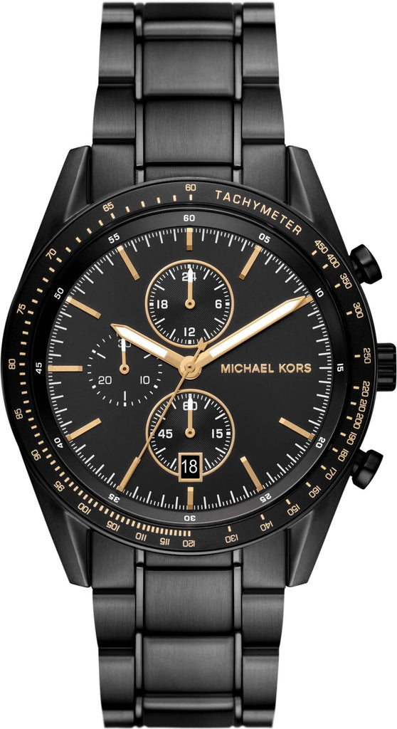 Michael Kors Accelerator MK9113 black chronograph watch with gold hands and subdials