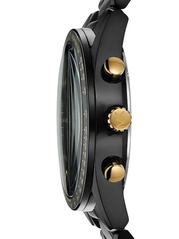 Michael Kors Accelerator MK9113 side profile showing case thickness and gold chronograph pushers