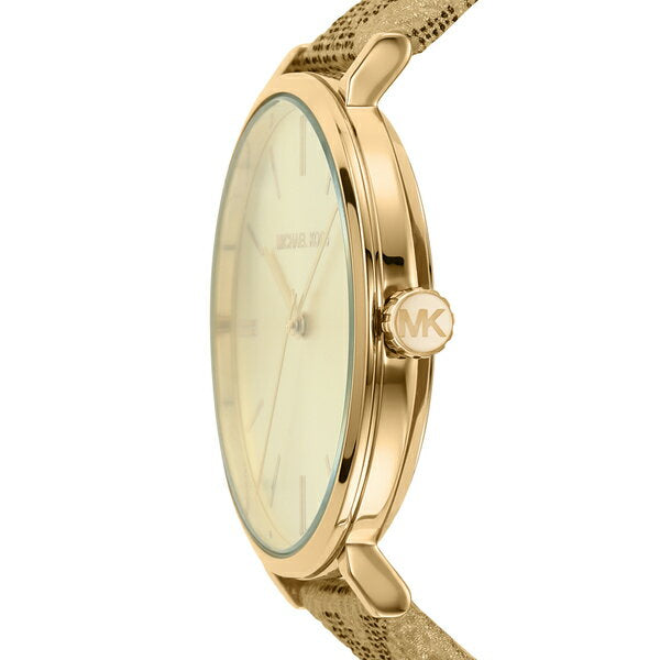 Side view of Michael Kors Addyson watch showing round gold case and strap