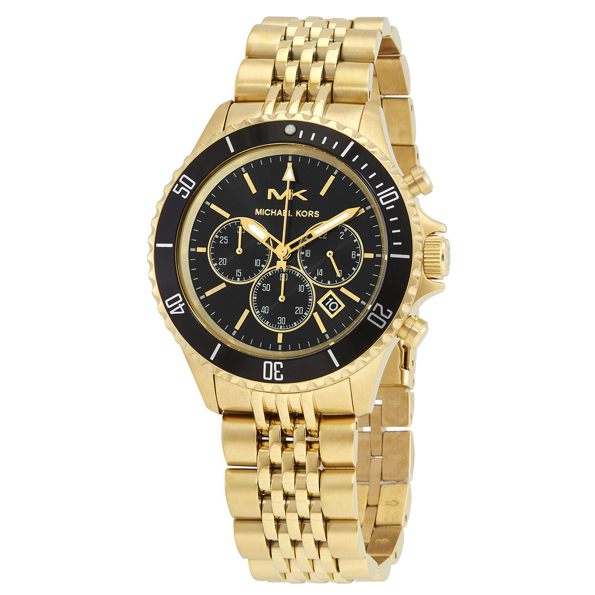 Michael Kors Bayville chronograph watch with black dial and gold-tone case and bracelet