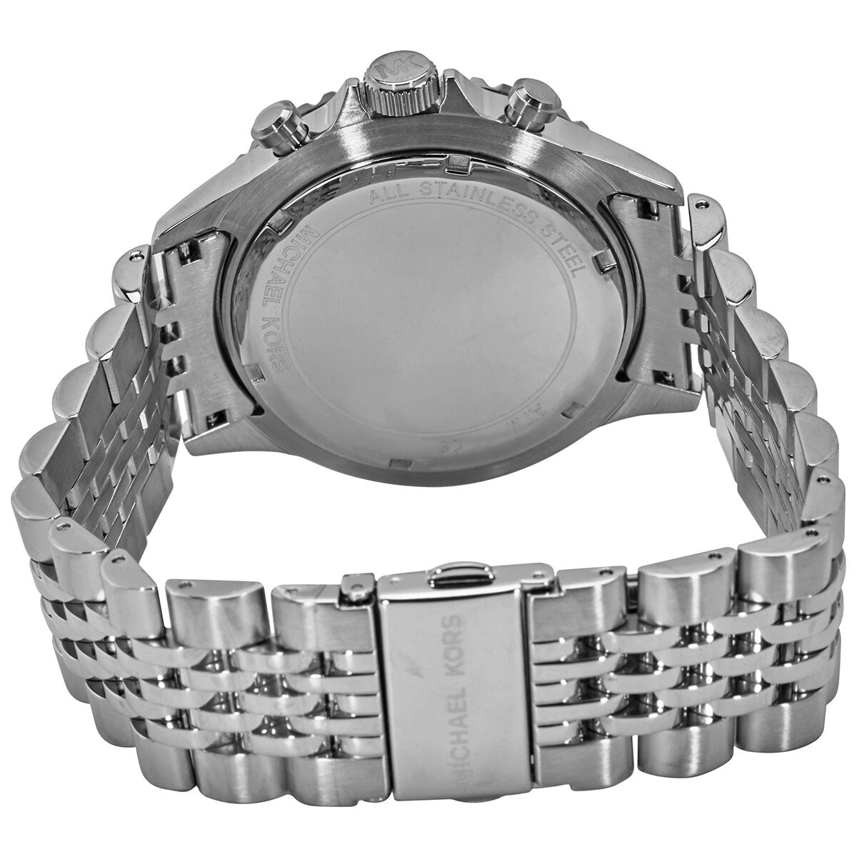 Michael Kors Bayville watch caseback showing stainless steel bracelet and clasp