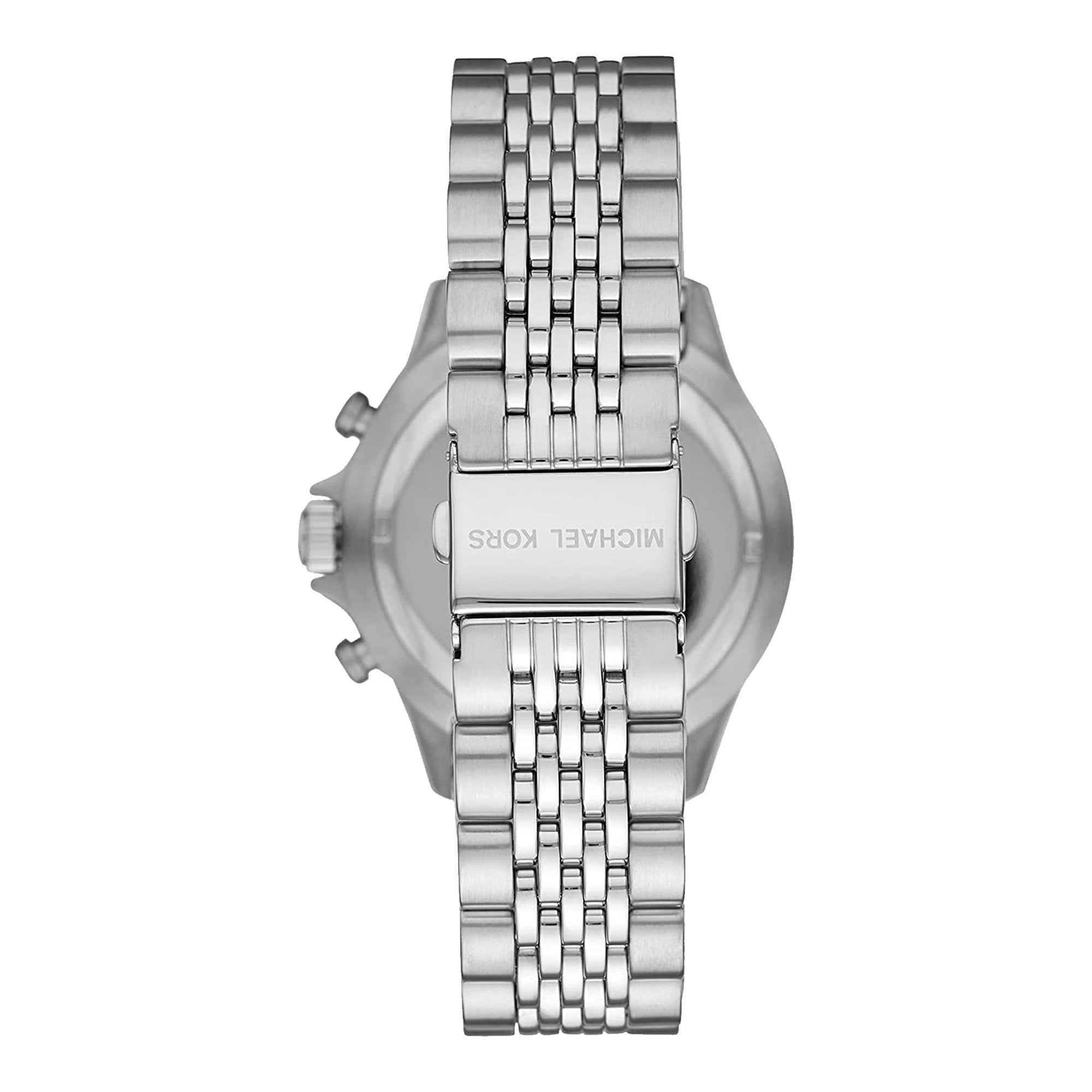 Caseback of Michael Kors Bayville chronograph watch with engraved branding