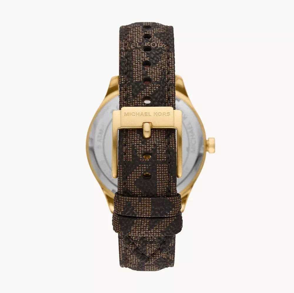 Michael Kors Benning MK8931 caseback showing brown patterned leather strap and gold case