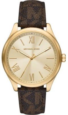 Michael Kors Benning MK8931 gold dial watch with Roman numerals and brown leather strap