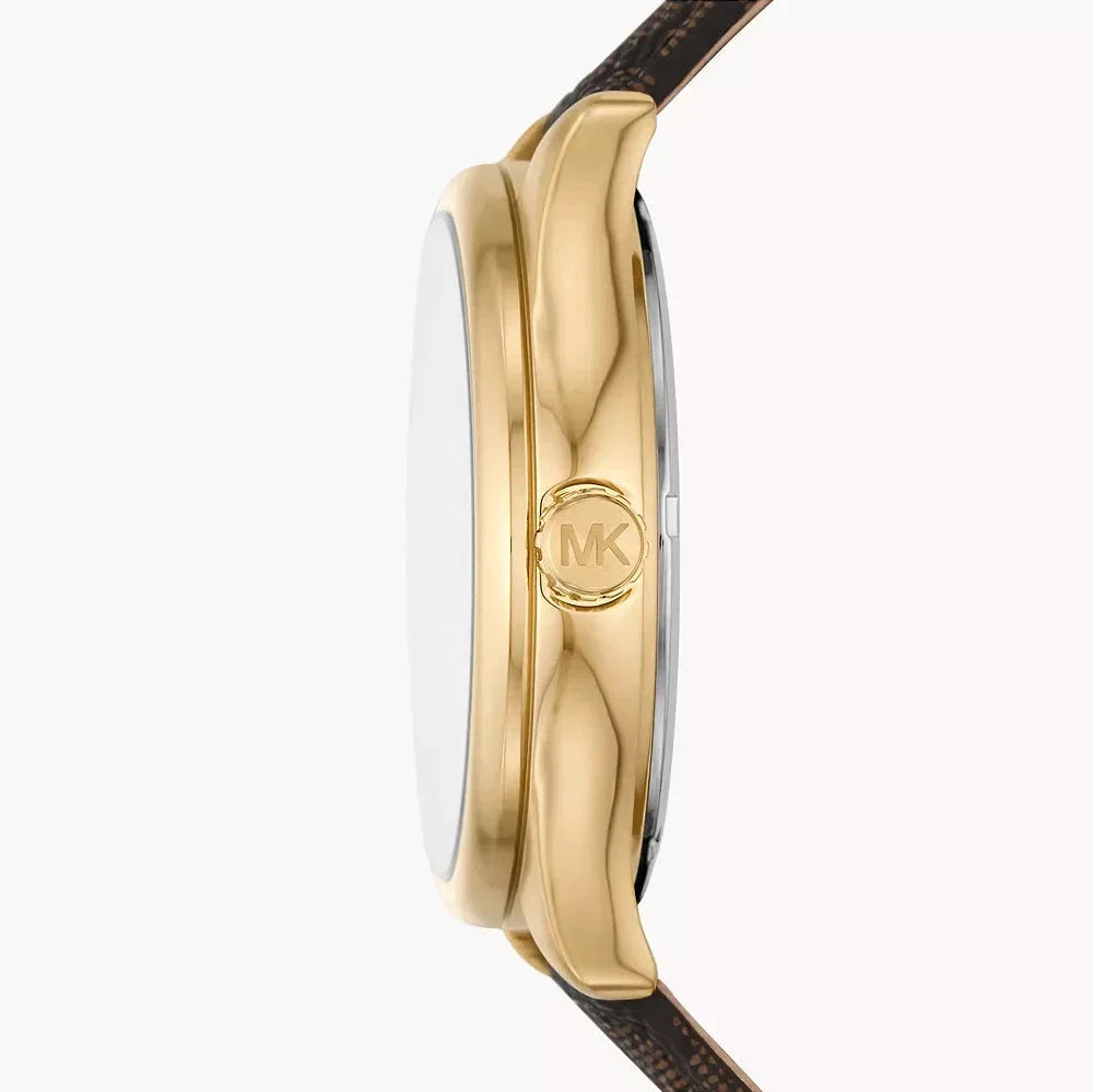 Michael Kors Benning MK8931 side profile showing gold-tone case thickness and brown strap