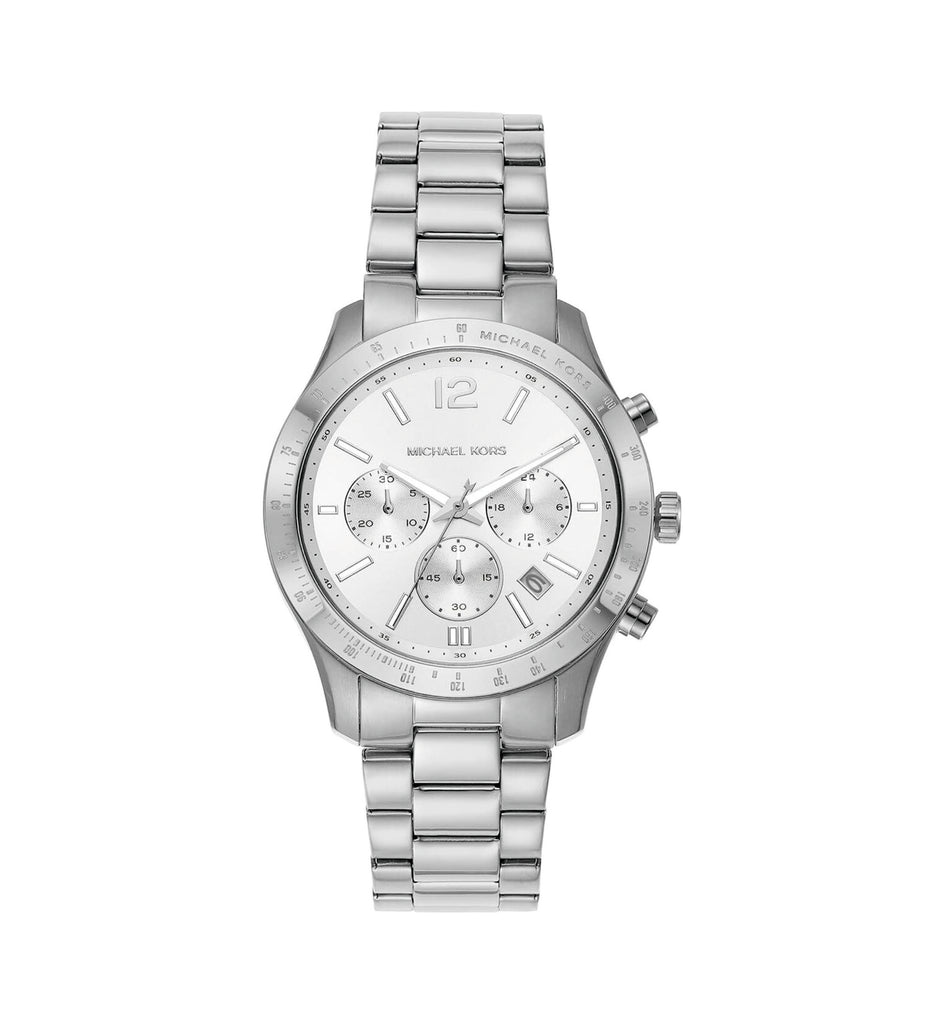 Michael Kors Berkley silver-tone chronograph watch with white dial and link bracelet