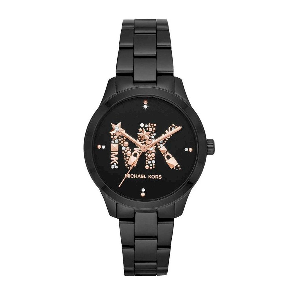 Michael Kors Black Runway women's watch with black dial and rose gold MK logo
