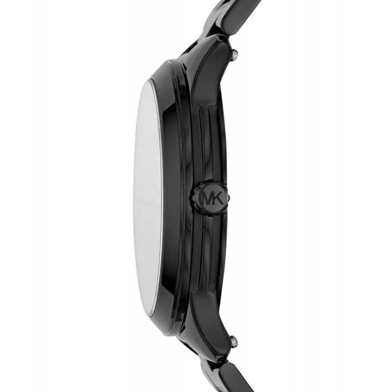 Side profile of Michael Kors Black Runway watch showing black stainless steel case and bracelet