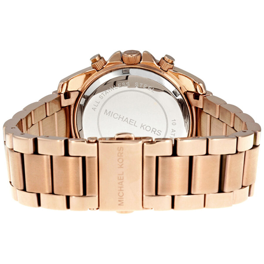 Michael Kors Blair watch caseback showing rose gold metal bracelet and engraved back