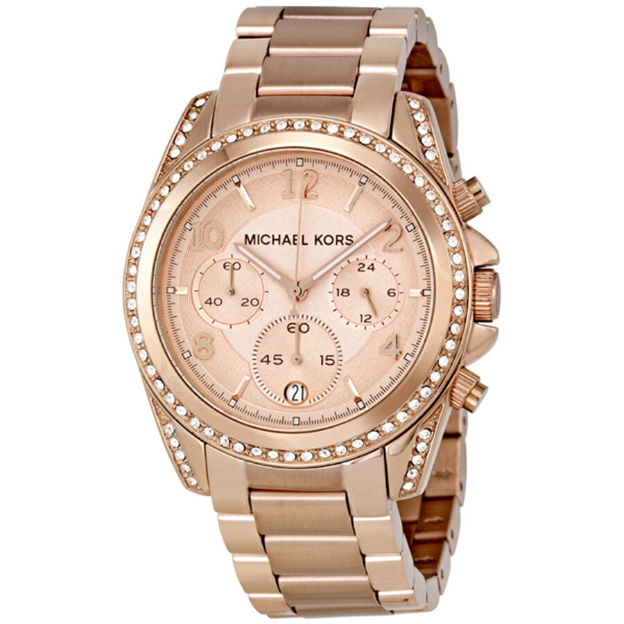 Michael Kors Blair rose gold chronograph watch with rose dial and crystal bezel