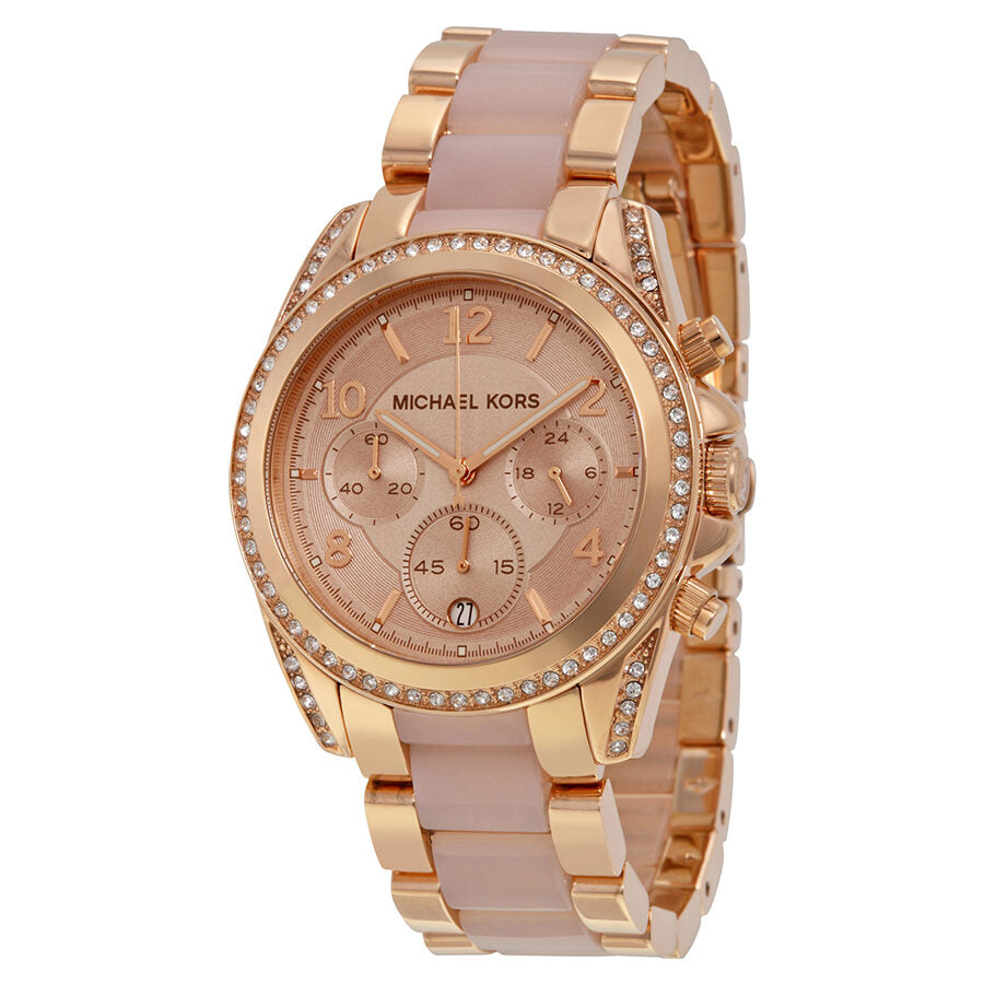 Michael Kors Blair rose gold chronograph watch with rose dial, crystal-set bezel, and mixed-metal bracelet