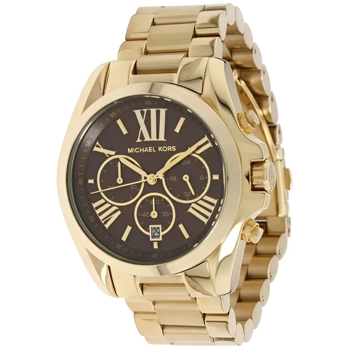 Michael Kors Bradshaw gold chronograph watch with black dial and Roman numerals