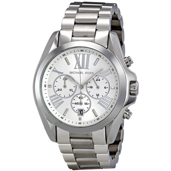 Michael Kors Bradshaw chronograph watch with silver-tone case and bracelet, white dial with Roman numerals