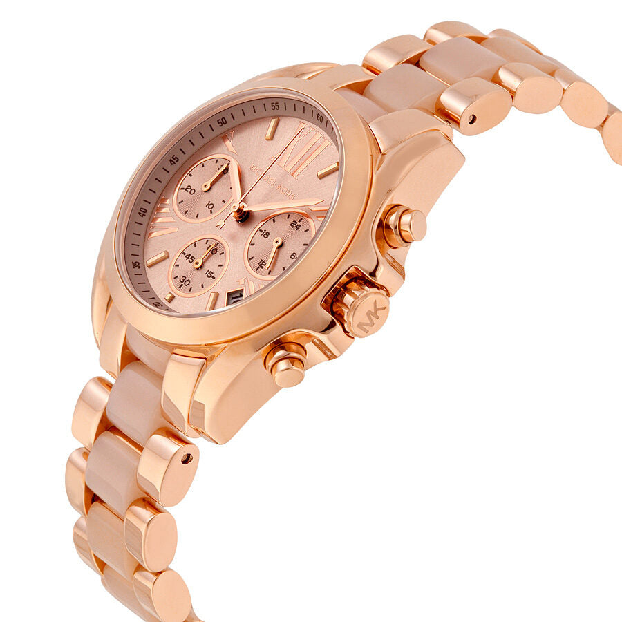 Michael Kors Bradshaw Mini chronograph watch angled view showing rose gold case and bracelet