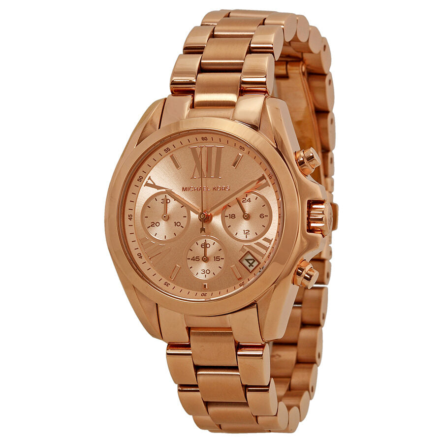 Michael Kors Bradshaw rose gold chronograph watch with rose dial and three subdials, front view