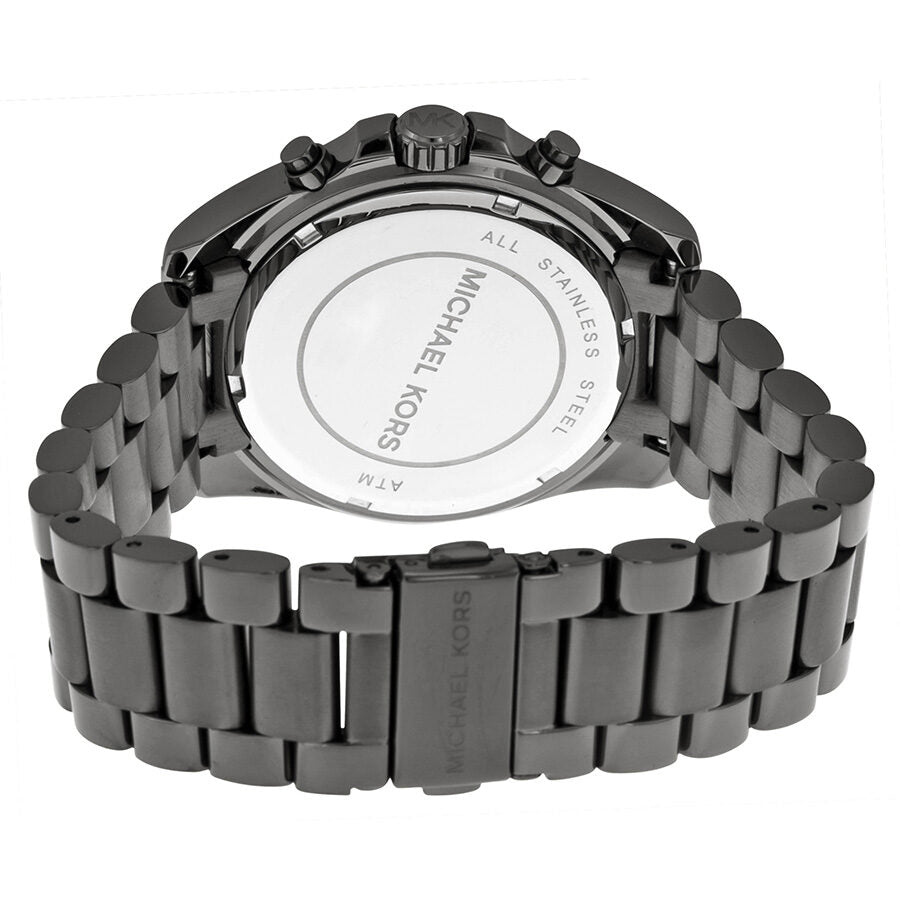 Michael Kors Bradshaw watch caseback showing gunmetal ion-plated stainless steel