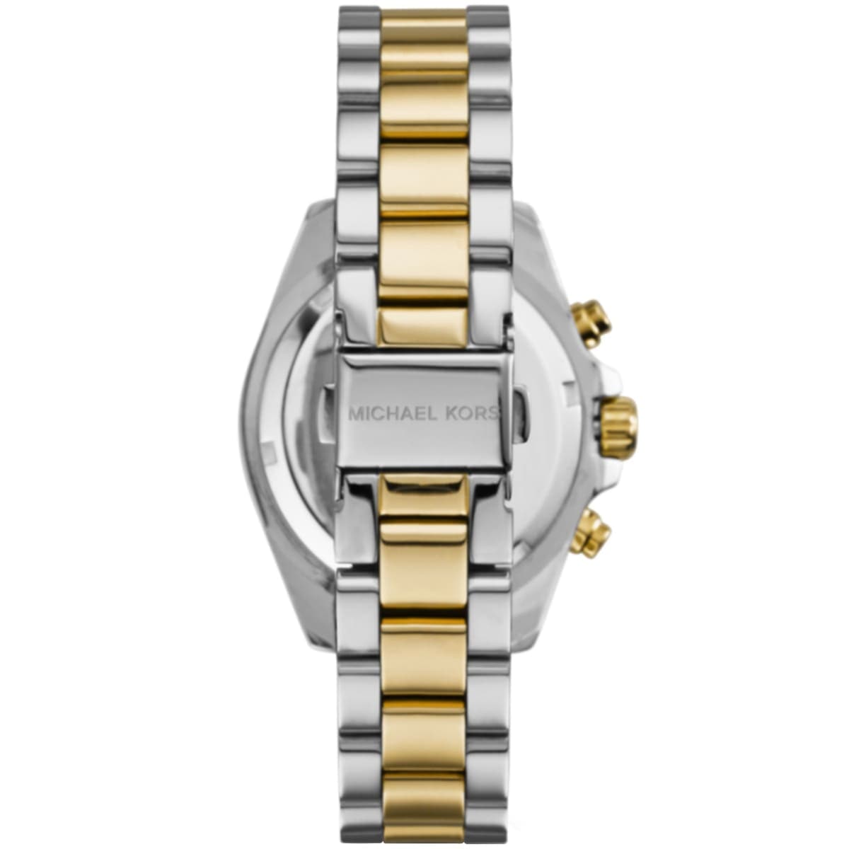 Michael Kors Bradshaw watch caseback showing two-tone stainless steel with MK branding