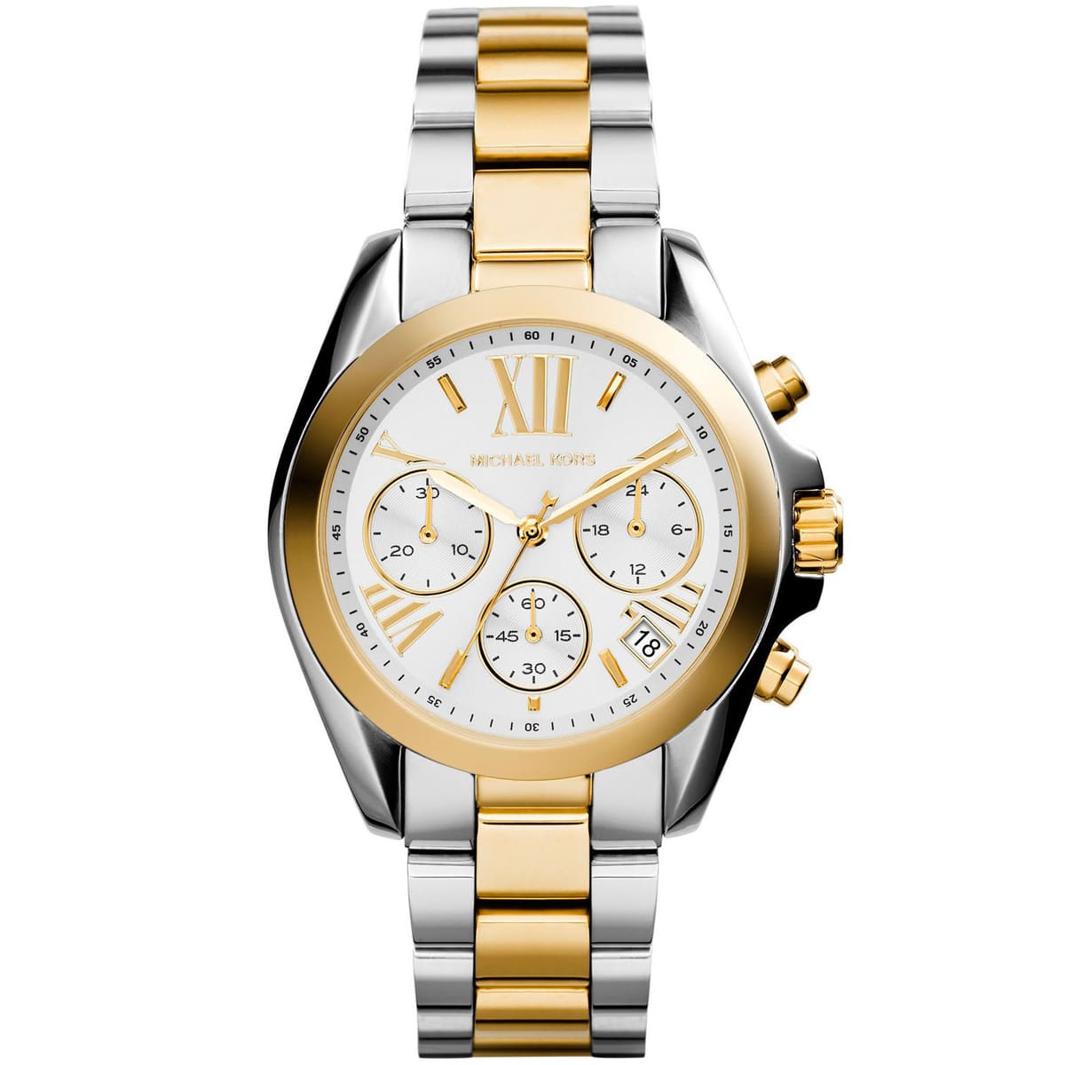 Michael Kors Bradshaw two-tone chronograph women's watch with white dial and Roman numerals