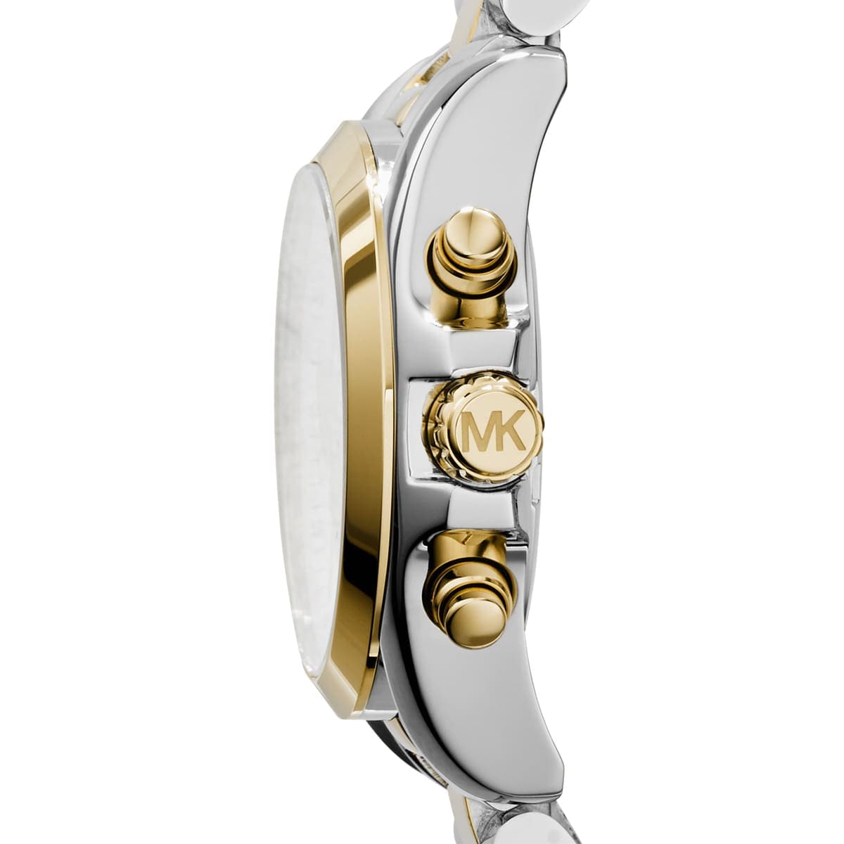 Michael Kors Bradshaw watch side view showing two-tone metal bracelet and case with chronograph pushers
