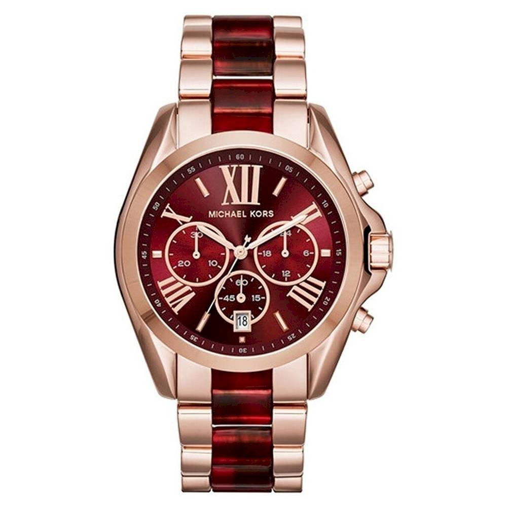 Michael Kors Bradshaw burgundy chronograph watch with rose gold case and mixed-metal bracelet