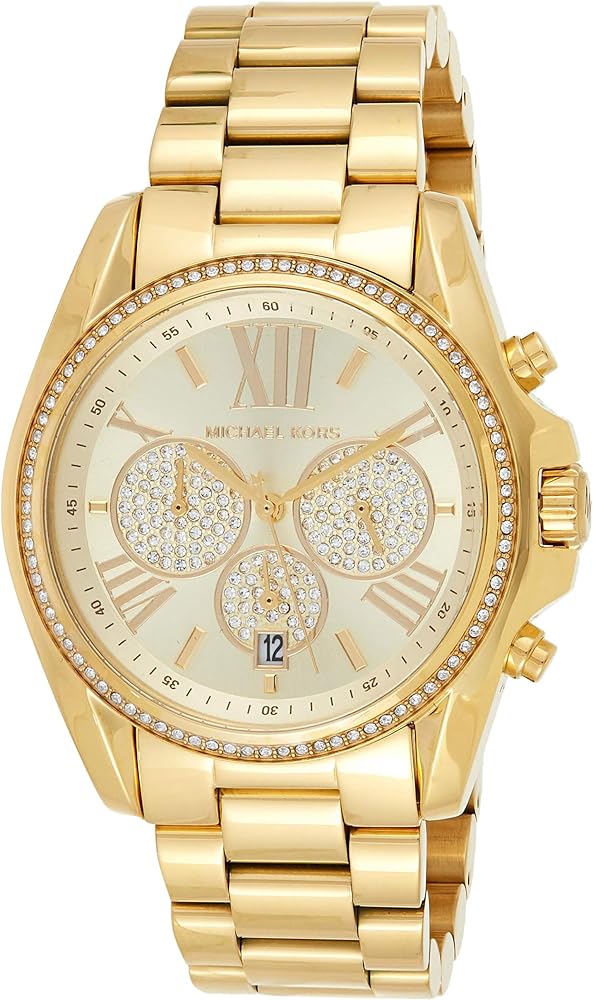 Michael Kors Bradshaw gold chronograph watch with pavé subdials and crystal-set bezel on matching bracelet