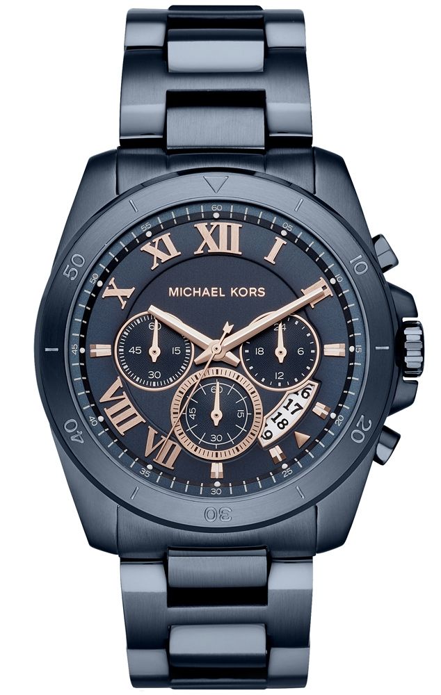 Michael Kors Brecken blue chronograph men's watch with rose gold subdials and Roman numeral markers