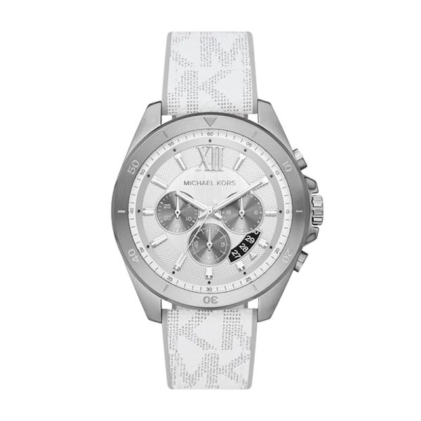Michael Kors Brecken chronograph watch with silver dial and white leather strap