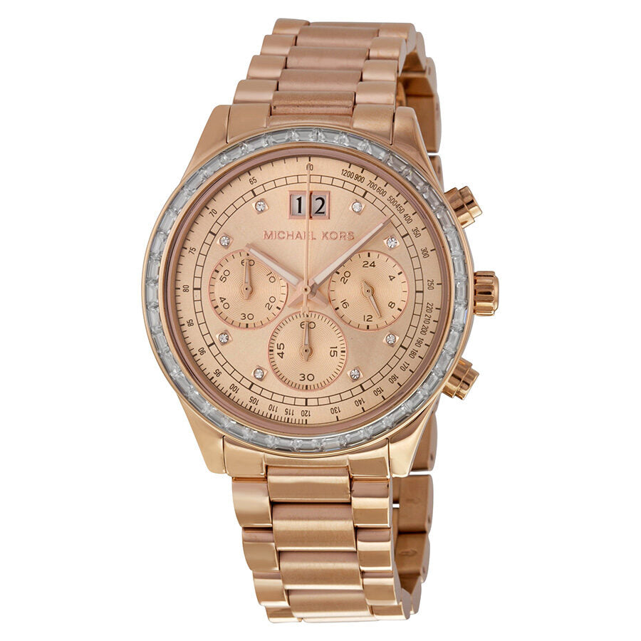 Michael Kors Brinkley rose gold chronograph watch with rose dial and crystal bezel
