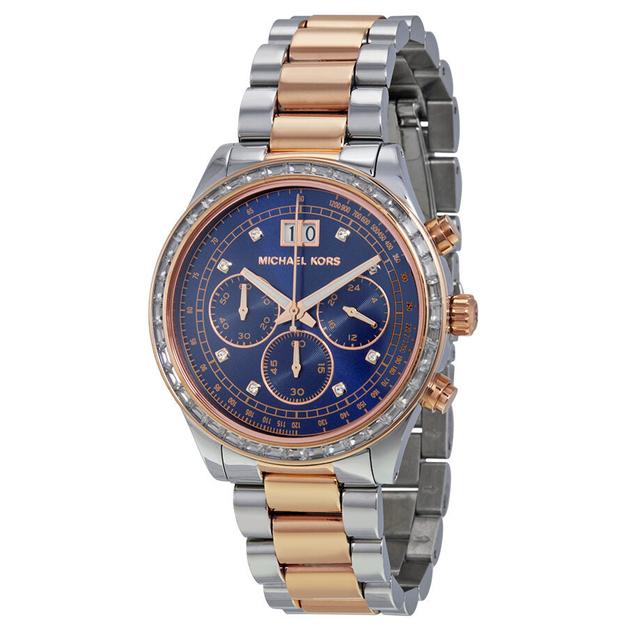 Michael Kors Brinkley navy dial chronograph watch with two-tone silver and rose gold bracelet