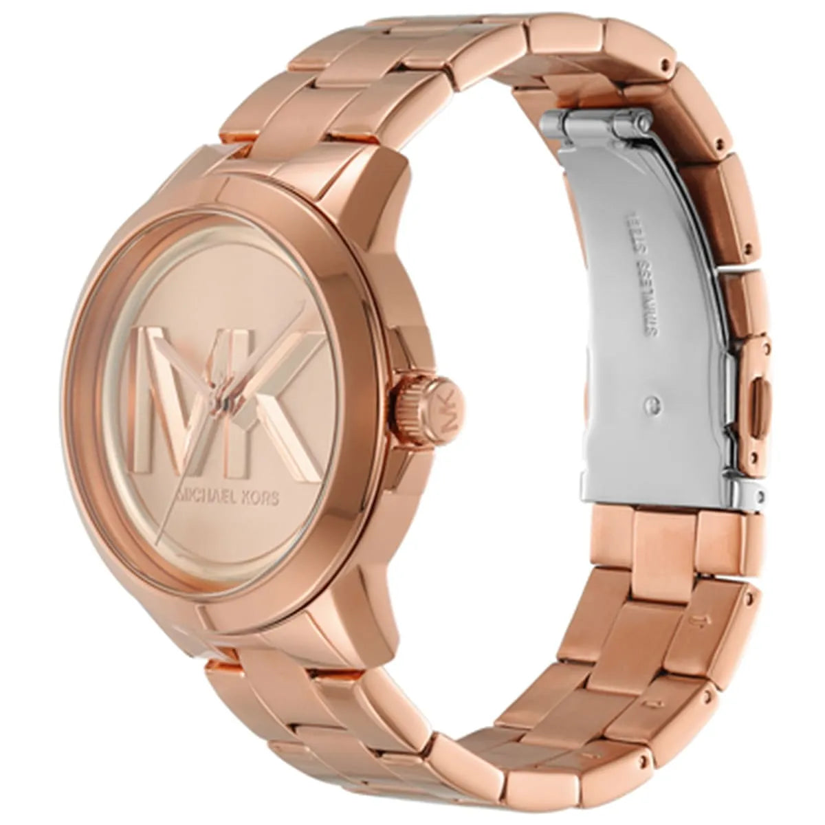 Side angle view of Michael Kors Brynn rose gold-tone watch showing case profile and metal bracelet