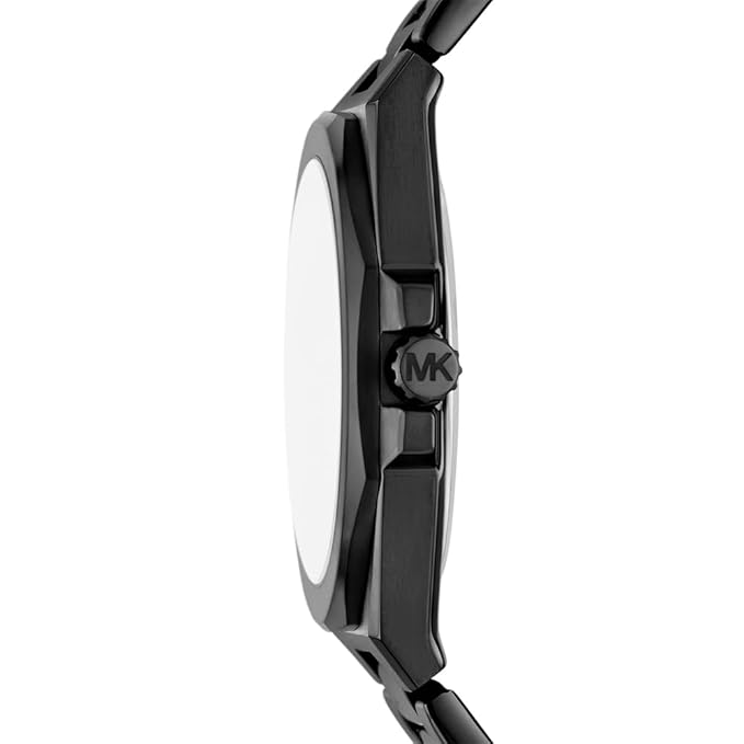 Side profile view of Michael Kors Callum watch showing case thickness and MK crown