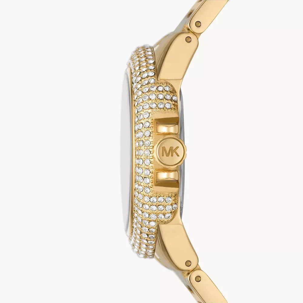 Side view of Michael Kors Camille watch showing gold steel case and MK logo